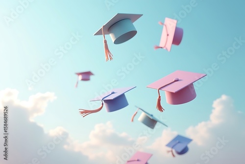 Pastel graduation caps tossed in the air against a cloudy blue sky