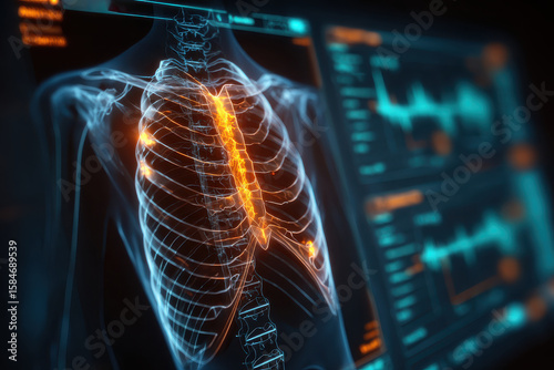 Medical scan showing human ribcage and spine with glowing orange and blue hues on a dark background