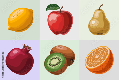 A colorful arrangement of six different fruits, including a lemon, apple, pear, pomegranate, kiwi, and orange, displayed in a grid format.