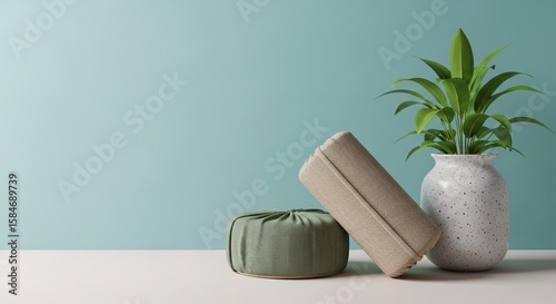 Yoga block and cushion with plant in vase for meditation and mindfulness still life studio shot scene