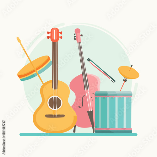 A flat vector illustration of three musical instruments – a blue violin, pink guitar, and yellow drum – drawn in minimal cartoon style on a light beige background.