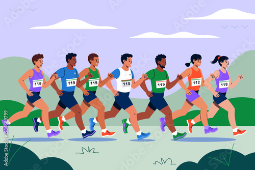 Diverse group of runners participating in a marathon, jogging together on a path with a grassy landscape and cloudy sky.