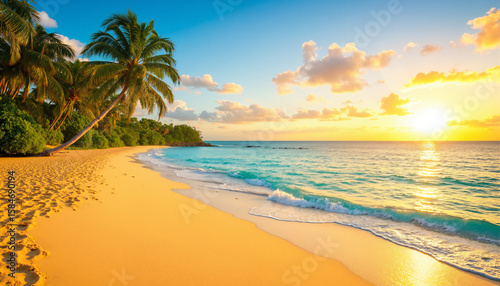 s a beautiful beach with palm trees and the sun setting in the background. The sand is a golden hue