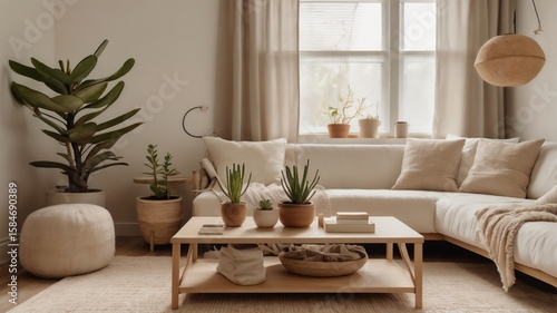Modern Minimalist Living Room Interior with Neutral Tones, Plants, and Cozy Decor
