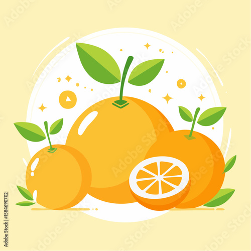 Minimal flat vector of orange fruit shapes with green stems on yellow background in abstract style.