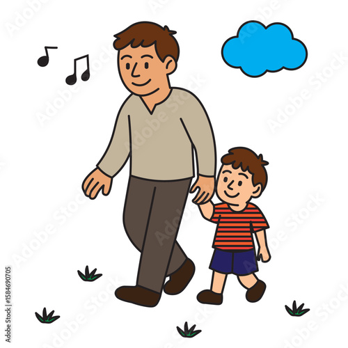 Illustration of father and son walking together happily outdoors while singing. Family bonding moment, parenting, and quality time concept. Ideal for family, education, and parenting topics.