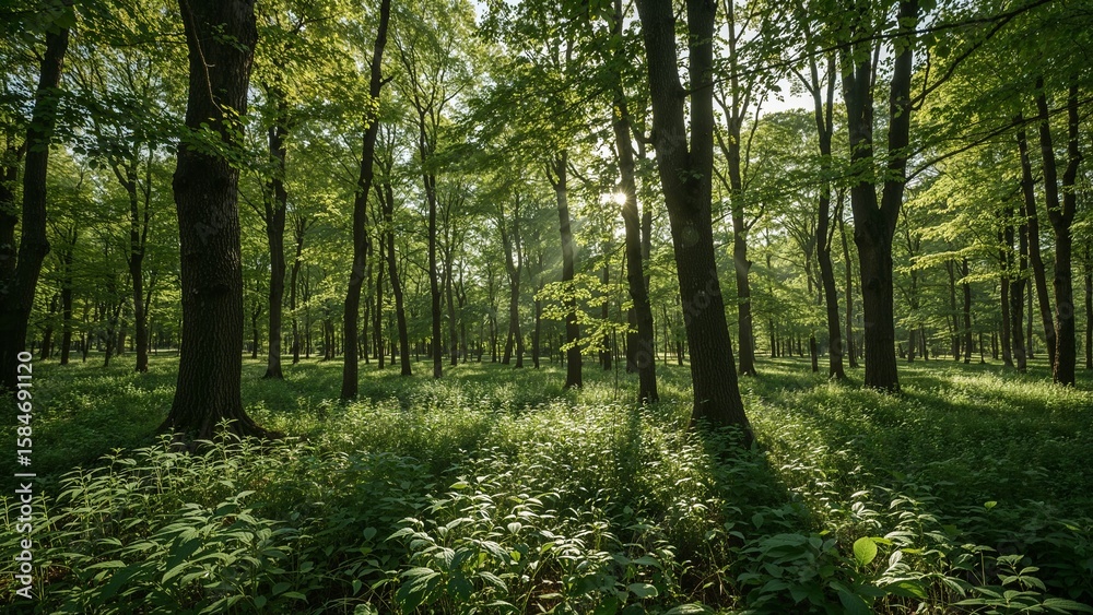 Obraz premium Sunlight filtering through a dense forest.
