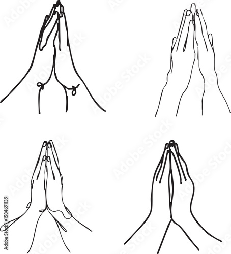 Four black line drawings of hands pressed together in prayer or greeting on a white background praying