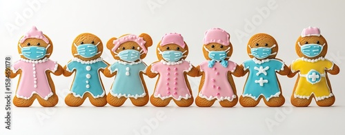 A group of gingerbread cookies wearing medical masks and doctors' coats, arranged in rows on a white background.