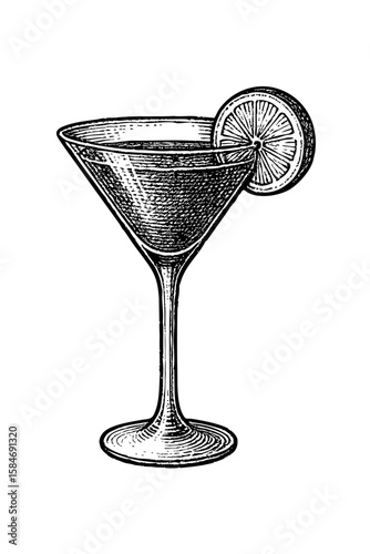 Cosmopolitan cocktail black and white vector image in sketch style. Drink in martini glass with lime wedge retro engraving on isolated background for bar and menu