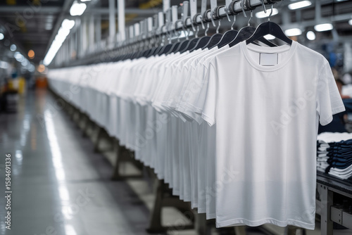 White tshirts hang on a conveyor belt in a clothing factory