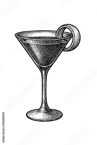 A cocktail in a martini glass, black and white vector illustration in sketch style. Cosmopolitan retro engraving for bars and menus. The drink is garnished with a lime wedge and zest.	
