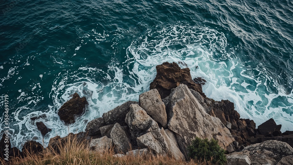 Fototapeta premium Foamy waves crash against rugged coastal rocks.