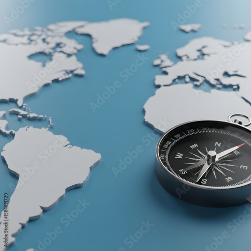 Compass on a stylized world map showing continents and oceans with a blue background