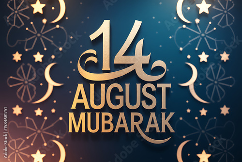 Celebrate Pakistan Independence Day with this festive design featuring crescent moons and golden stars on a deep blue background.