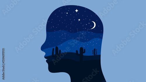 Mental health mind with calm night sky head silhouette vector illustration