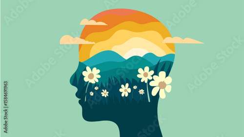 Mental health mind with sunrise mountains and flowers head silhouette vector illustration