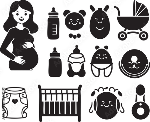 Black silhouette icons of pregnant woman baby bottle stroller crib diaper baby toys and thermometer