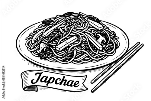 A delectable plate of Japchae, a Korean glass noodle dish, is illustrated in a vintage style, accompanied by chopsticks.