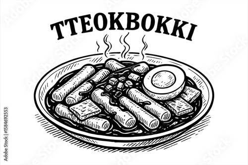 Illustration of Tteokbokki, a popular Korean street food, served in a bowl with steam rising.