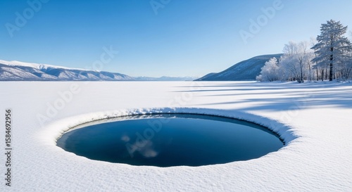 Winter wonderland scene of frozen lake with ice hole and snow covered trees on a clear sunny day