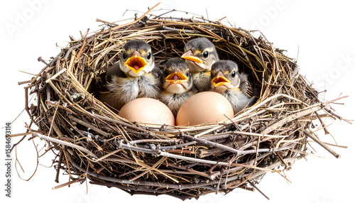 Baby birds hatching from eggs in nest isolated on white background. Png