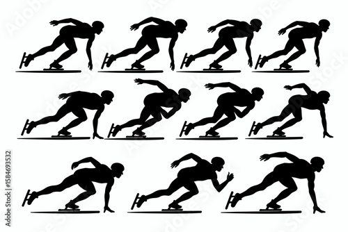 Multiple silhouettes of a speed skater in motion, showing different phases of the skating stride against a white background.