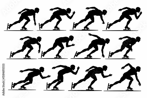 Twelve black silhouette illustrations depicting a speed skater in motion, showing different stages of a skating stride against a white background.