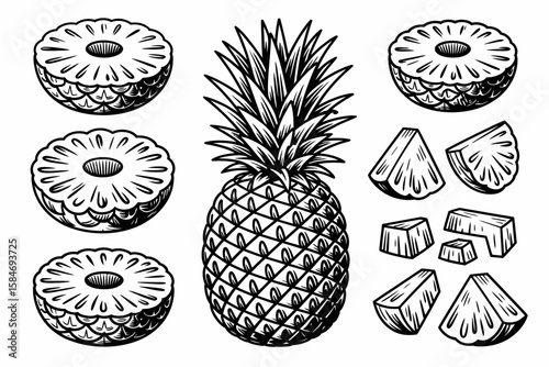 Black and white illustration of a whole pineapple surrounded by pineapple slices and chunks, showcasing its texture and shape.
