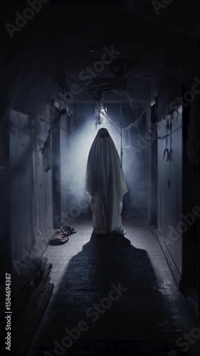 Ghost in white sheet standing in smoky corridor of abandoned house at night, eerie horror movie scene with mystery, fear, darkness, Halloween vibe, haunted nightmare concept.