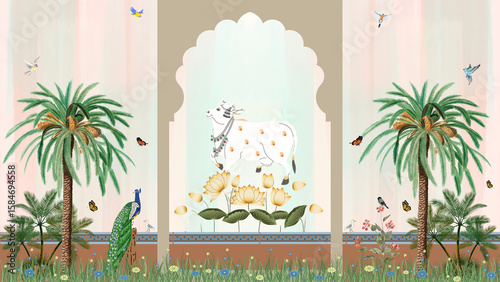 Pichwai cow with arch design peacock and planters