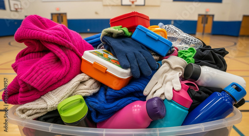 Colorful Lost and Found Bin Overflowing with Forgotten Items in School Gym