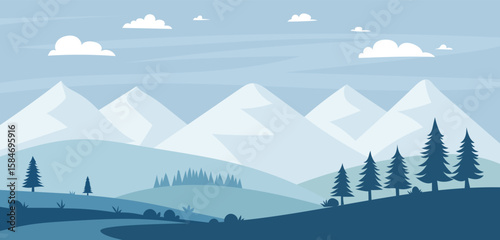 Blue Mountain Landscape with Trees Silhouette. Vecor Flat Art.