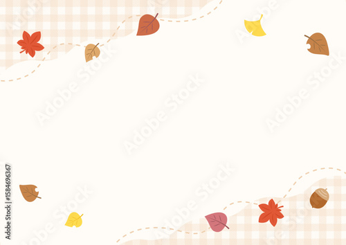 秋の紅葉した葉とギンガムチェックのフレーム、ベージュのチェック柄