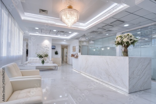 Modern white office reception area with chandelier and marble desk