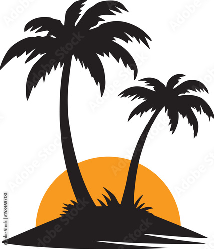 Tropical Island Sunset with Palm Trees Silhouette Vector.