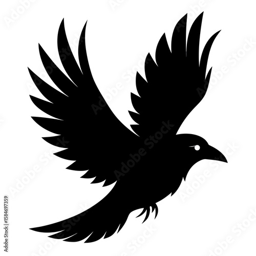 A sleek glossy black crow in flight against a white background