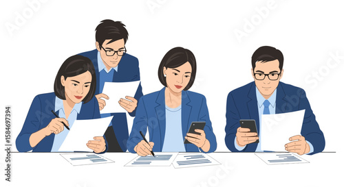 Business Team Reviewing Documents and Using Smartphones.