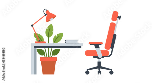 Modern Office Desk with Chair and Plant Illustration.