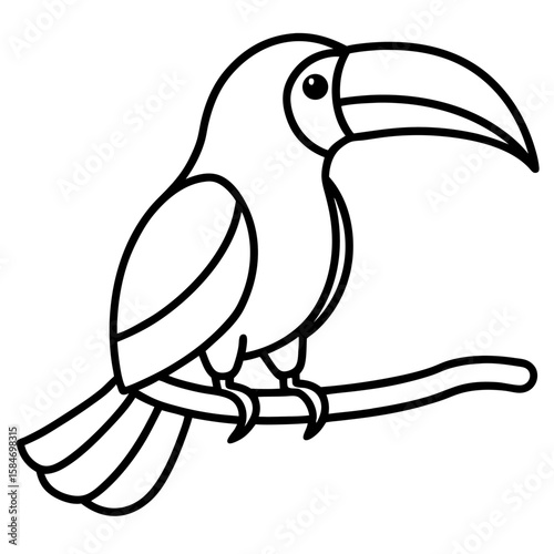 Minimalist line art illustration of a toucan with a prominent colorful beak