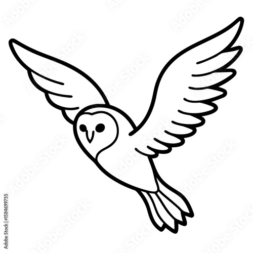 Elegant line art illustration of a barn owl in flight with outstretched wings