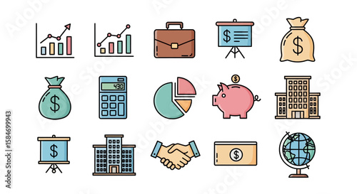 Colorful Business and Finance Icon Set.