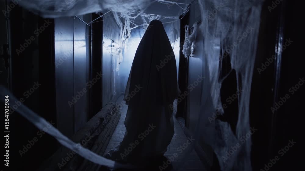 Ghost roaming corridor at night in darkness, horror film atmosphere expressing nightmare, fear, tension and haunted emotion in spooky abandoned place, creepy Halloween