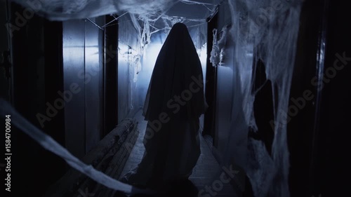 Ghost roaming corridor at night in darkness, horror film atmosphere expressing nightmare, fear, tension and haunted emotion in spooky abandoned place, creepy Halloween