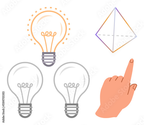 Hand pointing to a glowing lightbulb with two unlit bulbs and a pyramid outline. Ideal for creativity, innovation, decision-making, design, brainstorming, leadership, concept generation. Simple flat