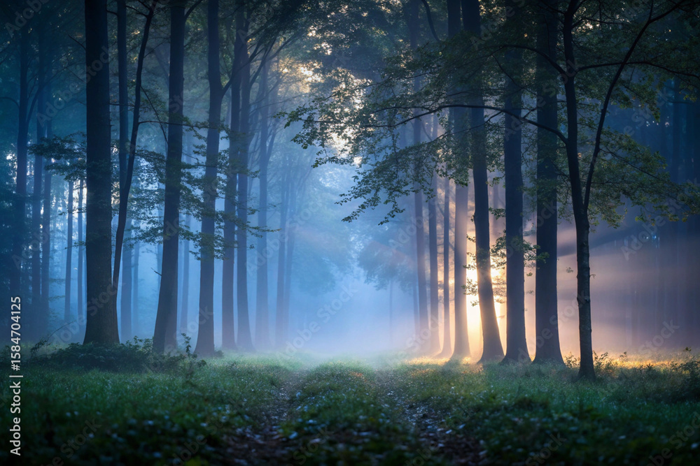 Fototapeta premium Sunlight streaming through dense trees creating mystical and dreamlike forest scene