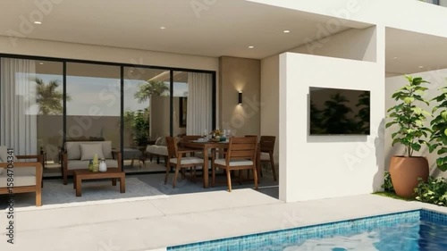 Patio with outdoor seating dining pool and greenery