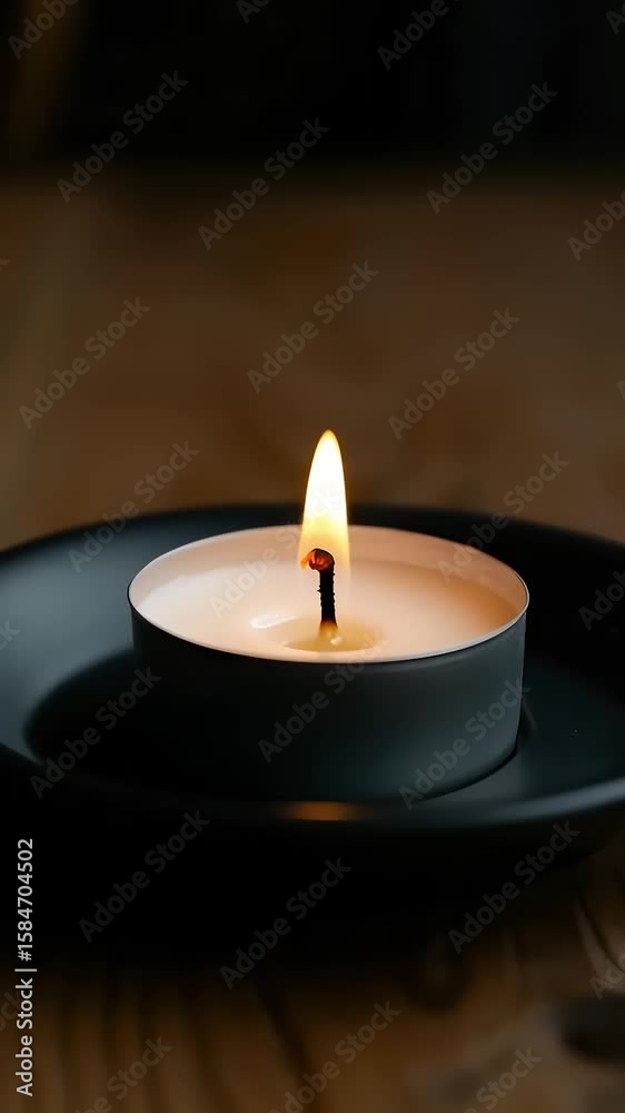 A single candle burns brightly on a black plate resting on a wooden surface, casting a soothing light in a calm evening atmosphere, perfect for relaxation and introspection. A single candle burns brightly on a black plate resting on a wooden surface, casting a soothing light in a calm evening atmosphere, perfect for relaxation and introspection.