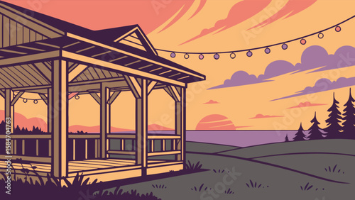 Sunset landscape with gazebo vector illustration for outdoor design and summer vacation background with trees and sea