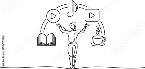 A continuous line drawing of a person with music, video, reading, and coffee icons around them